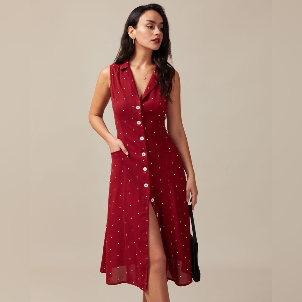 Rihoas Red V Neck Polka Dot Tie Back Midi Dress medium NWT